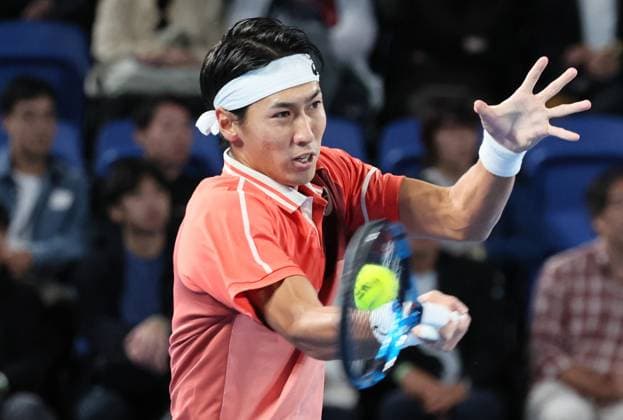 October 17, 2023, Tokyo, Japan - Yosuke Watanuki of Japan returns the ball against Casper Ruud of Norway during the first round match of the Japan Open tennis championships at the Ariake Colosseum in Tokyo on Tuesday, October 17, 2023. (photo by Yoshio Tsunoda AFLO) Noxthirdxpartyxsales  (0308939228st)