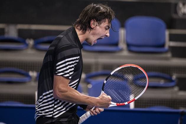 Russian Alexander Shevchenko celebrates during a first round match at the European Open Tennis ATP, Tennis Herren tournament, in Antwerp, Tuesday 17 October 2023. LAURIExDIEFFEMBACQ  x77917803x