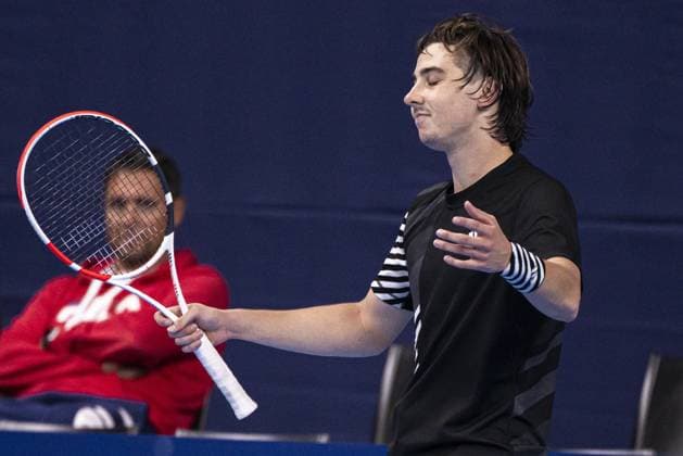 Russian Alexander Shevchenko reacts during a first round match at the European Open Tennis ATP, Tennis Herren tournament, in Antwerp, Tuesday 17 October 2023. LAURIExDIEFFEMBACQ  x77917813x