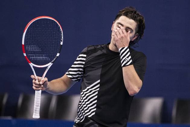 Russian Alexander Shevchenko reacts during a first round match at the European Open Tennis ATP, Tennis Herren tournament, in Antwerp, Tuesday 17 October 2023. LAURIExDIEFFEMBACQ  x77917814x