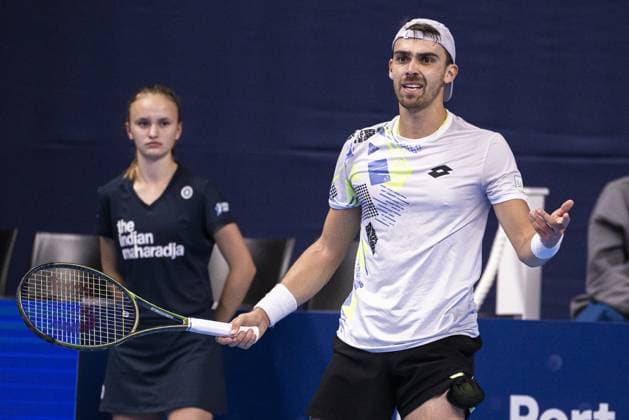 French Benjamin Bonzi reacts during a first round match at the European Open Tennis ATP, Tennis Herren tournament, in Antwerp, Tuesday 17 October 2023. LAURIExDIEFFEMBACQ  x77917820x