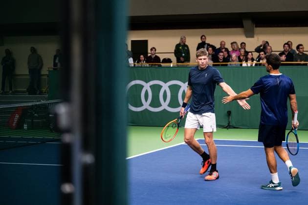 231017 AndrÃ Göransson of Sweden and Nicolas Barrientos of Colombia celebrate during day 4 of the Nordic Open tennis tournament on October 17, 2023 in Stockholm. Photo: Emma Wallskog BILDBYRAN COP 320 EW0269 tennis nordic open dag 4 bbeng jubel Copyright: EMMAxWALLSKOG BB231017EW041