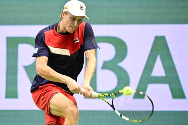 STOCKHOLM 20231017 Leo Borg i sin match mot Laslo Djere (Serbien) under tennisturneringen Nordic Open i Kungliga Tennishallen pa tisdagskvällen. STOCKHOLM SVERIGE x10030x