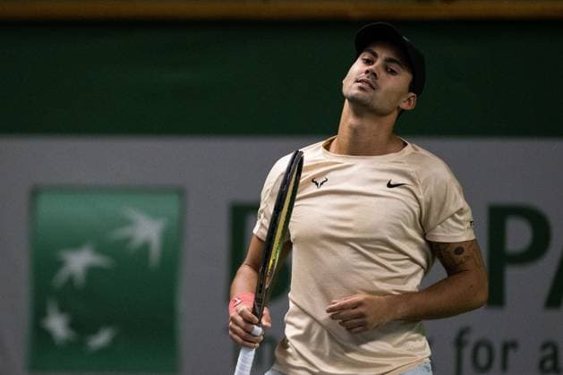 231017 Jonathan Mridha of Sweden looks dejected during day 4 of the Nordic Open tennis tournament on October 17, 2023 in Stockholm. Photo: Emma Wallskog BILDBYRAN COP 320 EW0269 tennis nordic open dag 4 bbeng depp Copyright: EMMAxWALLSKOG BB231017EW076