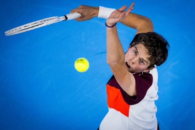 Belgian Alexander Blockx pictured in action during a first round match at the European Open Tennis ATP, Tennis Herren tournament, in Antwerp, Tuesday 17 October 2023. JASPERxJACOBS  x77929335x