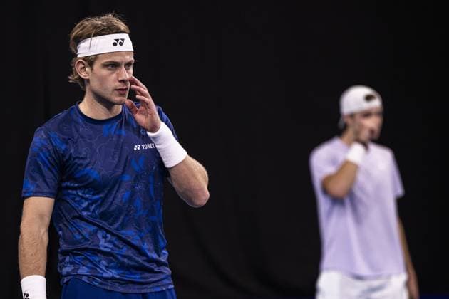 Belgian Zizou Bergs and Belgian Tibo Colson react during a first round doubles match at the European Open Tennis ATP, Tennis Herren tournament, in Antwerp, Tuesday 17 October 2023. LAURIExDIEFFEMBACQ  x77930079x