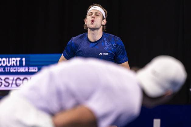 Belgian Zizou Bergs and Belgian Tibo Colson react during a first round doubles match at the European Open Tennis ATP, Tennis Herren tournament, in Antwerp, Tuesday 17 October 2023. LAURIExDIEFFEMBACQ  x77930098x