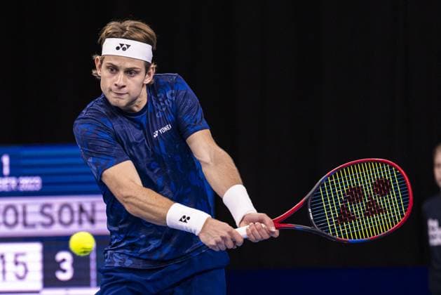 Belgian Zizou Bergs pictured in action during a first round doubles match at the European Open Tennis ATP, Tennis Herren tournament, in Antwerp, Tuesday 17 October 2023. LAURIExDIEFFEMBACQ  x77930210x