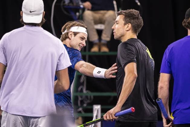 Belgian Zizou Bergs and German Andreas Mies react after a first round doubles match at the European Open Tennis ATP, Tennis Herren tournament, in Antwerp, Tuesday 17 October 2023. LAURIExDIEFFEMBACQ  x77930238x