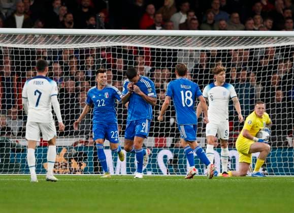England v Italy UEFA EURO, EM, Europameisterschaft,Fussball 2024 Qualifiers Gianluca Scamacca of Italy (centre) celebrates after scoring his sides first goal during the UEFA Euro 2024 Qualifiers Group C match at Wembley Stadium, London Copyright: xPaulxChestertonx FIL-19118-0029 UK Newspapers OUT