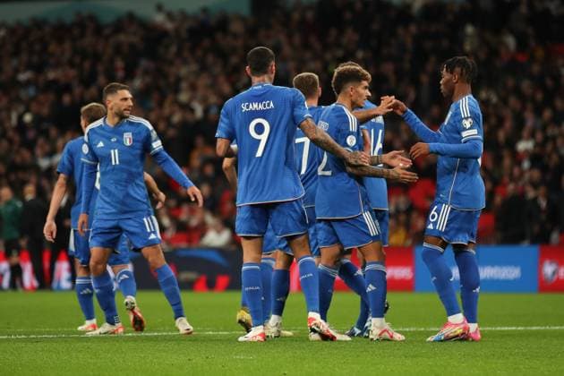 Gianluca Scamacca of Italy scores the opening goal to make it 0-1 and celebrates during the UEFA EURO, EM, Europameisterschaft,Fussball 2024 Qualifiers match between England and Italy at Wembley Stadium, London, England on 17 October 2023. Copyright: xKenxSparksx 38700010