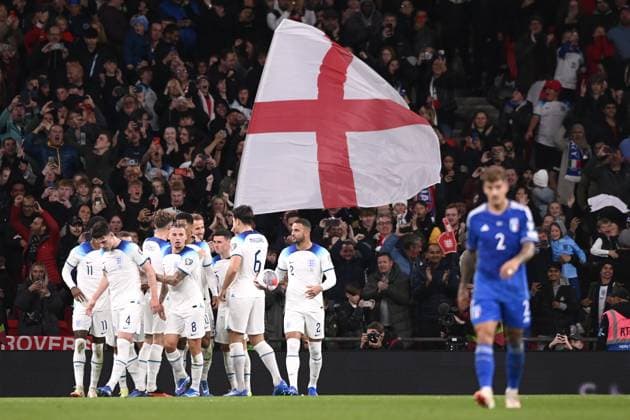 Foto Fabio Ferrari LaPresse 17 Ottobre 2023 - Londra, Inghilterra - calcio - Inghilterra vs Italia - Qualificazioni Euro 2024 - Group C - Stadio Wembley. Nella foto: Harry Kane(England) goal su rigore 1-1 , esultanza Inghilterra October 17, 2023 London, United Kingdom - sport, calcio -England vs Italy -European Qualifiers 2024 - Group C - Wembley Stadium. In the pic: England celebrates goal 1-1 , penality Harry Kane(England)  Copyright: xFabioxFerrari LaPressex