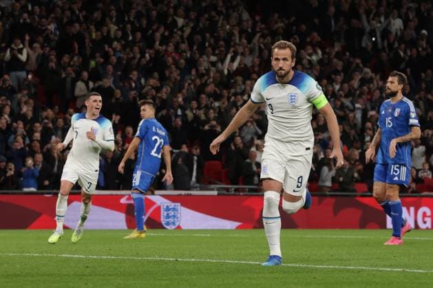London, England, 17th October 2023. Harry Kane of England celebrates after scoring a first half penalty to level the game at 1-1 during the UEFA European Championship, EM, Europameisterschaft Qualifying match at Wembley Stadium, London. Picture credit should read: Jonathan Moscrop Sportimage EDITORIAL USE ONLY. No use with unauthorised audio, video, data, fixture lists, club league logos or live services. Online in-match use limited to 120 images, no video emulation. No use in betting, games or single club league player publications. SPI-2650-0009