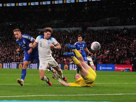 Football - 2024 UEFA European Championships - Qualifying - Group C - England vs Italy - Wembley Stadium - Tuesday 17th October 2023. Goalkeeper, Jordan Pickford of England saves from Davide Frattesi of Italy and John Stones Colorsport Andrew Cowie 