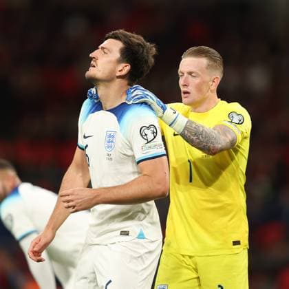 England Goalkeeper Jordan Pickford gees up Harry Maguire of England during the UEFA EURO, EM, Europameisterschaft,Fussball 2024 Qualifiers match between England and Italy at Wembley Stadium, London, England on 17 October 2023. Copyright: xKenxSparksx 38700023