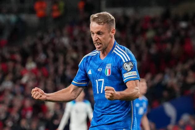 Davide Frattesi (Inter Milan) of Italy celebrates the opening goal during the international match, Länderspiel, Nationalmannschaft between England and Italy at Wembley Stadium, London, England on 17 October 2023. Copyright: xDavidxHornx PMI-5839-0006