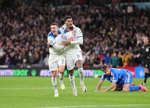England v Italy UEFA EURO, EM, Europameisterschaft,Fussball 2024 Qualifiers Marcus Rashford of England celebrates with Phil Foden after scoring his sides second goal during the UEFA Euro 2024 Qualifiers Group C match at Wembley Stadium, London Copyright: xPaulxChestertonx FIL-19118-0114 UK Newspapers OUT