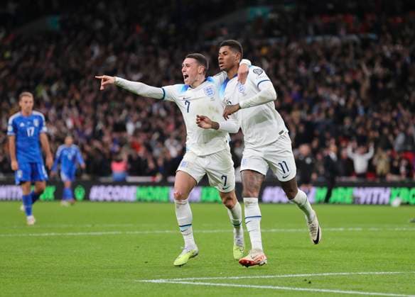 England v Italy UEFA EURO, EM, Europameisterschaft,Fussball 2024 Qualifiers Marcus Rashford of England celebrates with Phil Foden after scoring his sides second goal during the UEFA Euro 2024 Qualifiers Group C match at Wembley Stadium, London Copyright: xPaulxChestertonx FIL-19118-0117 UK Newspapers OUT