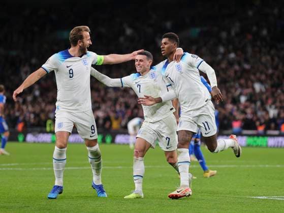 England v Italy UEFA EURO, EM, Europameisterschaft,Fussball 2024 Qualifiers Marcus Rashford of England celebrates with Phil Foden and Harry Kane after scoring his sides second goal during the UEFA Euro 2024 Qualifiers Group C match at Wembley Stadium, London Copyright: xPaulxChestertonx FIL-19118-0118 UK Newspapers OUT
