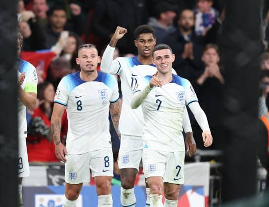 London, England, 17th October 2023. Marcus Rashford (C) of England celebrates after scoring to make it 2-1 during the UEFA European Championship, EM, Europameisterschaft Qualifying match at Wembley Stadium, London. Picture credit should read: David Klein Sportimage EDITORIAL USE ONLY. No use with unauthorised audio, video, data, fixture lists, club league logos or live services. Online in-match use limited to 120 images, no video emulation. No use in betting, games or single club league player publications. SPI-2649-0086