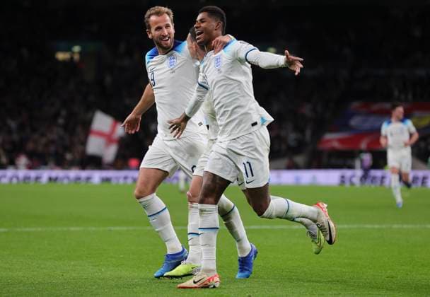 England v Italy UEFA EURO, EM, Europameisterschaft,Fussball 2024 Qualifiers Marcus Rashford of England celebrates with Phil Foden and Harry Kane after scoring his sides second goal during the UEFA Euro 2024 Qualifiers Group C match at Wembley Stadium, London Copyright: xPaulxChestertonx FIL-19118-0124 UK Newspapers OUT