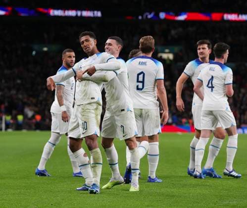 England v Italy UEFA EURO, EM, Europameisterschaft,Fussball 2024 Qualifiers Jude Bellingham of England celebrates with Phil Foden after assisting his sides second goal during the UEFA Euro 2024 Qualifiers Group C match at Wembley Stadium, London Copyright: xPaulxChestertonx FIL-19118-0144 UK Newspapers OUT