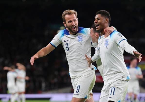 England v Italy UEFA EURO, EM, Europameisterschaft,Fussball 2024 Qualifiers Marcus Rashford of England celebrates with Phil Foden and Harry Kane after scoring his sides second goal during the UEFA Euro 2024 Qualifiers Group C match at Wembley Stadium, London Copyright: xPaulxChestertonx FIL-19118-0146 UK Newspapers OUT