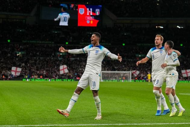 GOAL - Marcus Rashford Manchester United, ManU of England celebrates after he scores his team™s second goal during the international match, Länderspiel, Nationalmannschaft between England and Italy at Wembley Stadium, London, England on 17 October 2023. Copyright: xDavidxHornx PMI-5839-0022