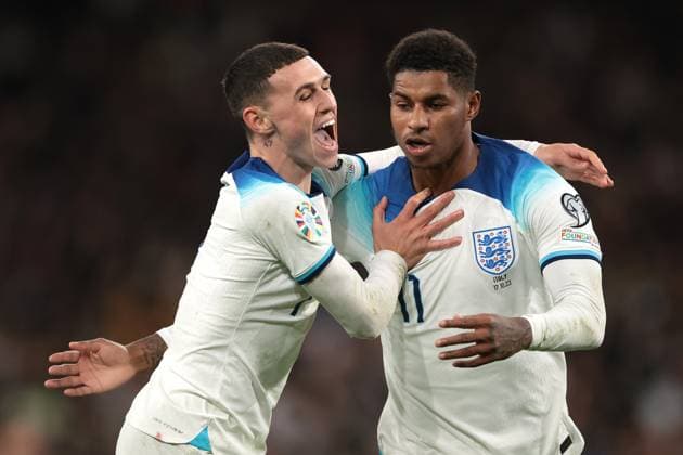 London, England, 17th October 2023. Marcus Rashford of England celebrates with team mates after scoring to give the side a 2-1 lead during the UEFA European Championship, EM, Europameisterschaft Qualifying match at Wembley Stadium, London. Picture credit should read: Jonathan Moscrop Sportimage EDITORIAL USE ONLY. No use with unauthorised audio, video, data, fixture lists, club league logos or live services. Online in-match use limited to 120 images, no video emulation. No use in betting, games or single club league player publications. SPI-2650-0013