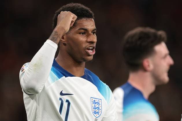 London, England, 17th October 2023. Marcus Rashford of England celebrates with team mates after scoring to give the side a 2-1 lead during the UEFA European Championship, EM, Europameisterschaft Qualifying match at Wembley Stadium, London. Picture credit should read: Jonathan Moscrop Sportimage EDITORIAL USE ONLY. No use with unauthorised audio, video, data, fixture lists, club league logos or live services. Online in-match use limited to 120 images, no video emulation. No use in betting, games or single club league player publications. SPI-2650-0016