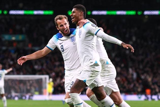 England v Italy 17 October 2023, London - International Football - UEFA EURO, EM, Europameisterschaft,Fussball Qualifiers - England v Italy - Marcus Rashford of England celebrates scoring their 2nd goal with Harry Kane - Photo: Charlotte Wilson Offside. London UK Copyright: xCharlottexWilsonx xOffsidexOffside