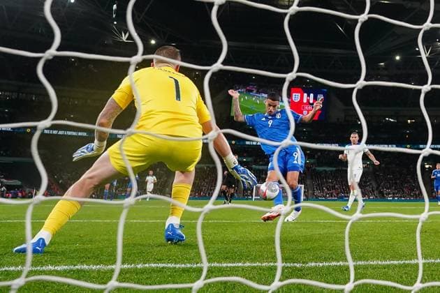 Gianluca Scamacca (Atalanta) of Italy scores the opening goal during the international match, Länderspiel, Nationalmannschaft between England and Italy at Wembley Stadium, London, England on 17 October 2023. Copyright: xDavidxHornx PMI-5839-0025