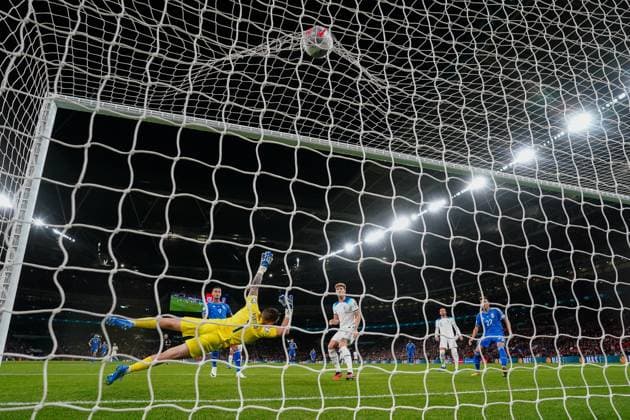 Gianluca Scamacca (Atalanta) of Italy scores the opening goal during the international match, Länderspiel, Nationalmannschaft between England and Italy at Wembley Stadium, London, England on 17 October 2023. Copyright: xDavidxHornx PMI-5839-0030