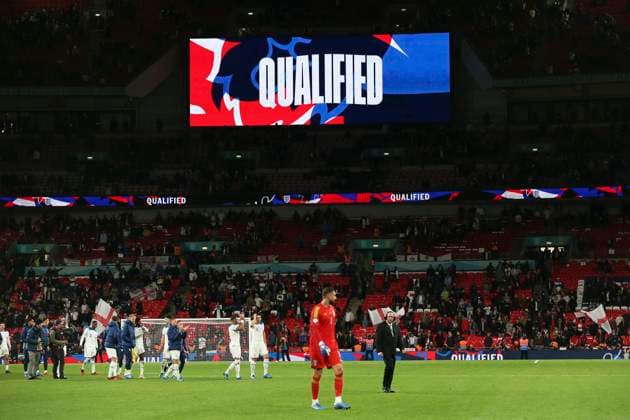 London, October 17th 2023: Scoreboard at Wembley stadium showing that England have qualified for EURO 2024 after England won 2-1 the UEFA EURO, EM, Europameisterschaft,Fussball 2024 Qualifier football match between England and Italy at Wembley Stadium, London, England. (Pedro Soares SPP) Copyright: xPedroxSoaresx xSPPx spp-en-PeSoSp-pedro171023-0114