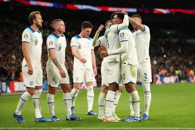 Marcus Rashford of England scores to make it 2-1 and celebrates during the UEFA EURO, EM, Europameisterschaft,Fussball 2024 Qualifiers match between England and Italy at Wembley Stadium, London, England on 17 October 2023. Copyright: xKenxSparksx 38700033