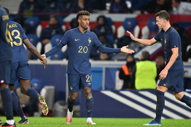 20231017 France vs Scotland Kingsley Coman (20) of France pictured celebrating with Benjamin Pavard (2) of France after scoring the 4-1 goal during a soccer game between the national teams of France and Scotland in friendly game, on October 17 , 2023 in Lille, France. (Photo by David Catry Sportpix Isosport) Lille Decathlon Arena Stade Pierre Mauroy - Villeneuve d Ascq France  Copyright: xSportpix.bex xDavidxCatryxDavidxCatryx