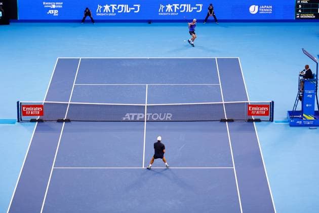 October 18, 2023, Tokyo, Japan: (Top) Tommy PAUL (USA) hits a return against Mackenzie MCDONALD (USA) during their singles match on the third day of the Kinoshita Group Japan Open Tennis Championships 2023 at the Ariake Coliseum. This is the longest-running ATP, Tennis Herren Tour tournament in Asia, first held in 1972. The tournament runs from October 16 to 22. Paul won 6-4, 6-2. Tokyo Japan - ZUMAm191 20231018_aap_m191_028 Copyright: xRodrigoxReyesxMarinx