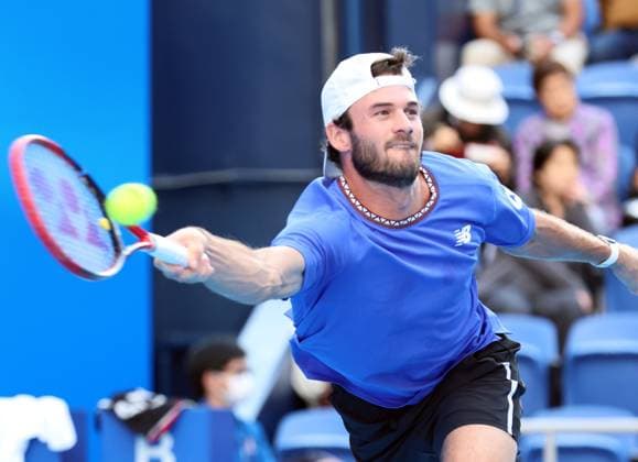 October 18, 2023, Tokyo, Japan - Tommy Paul of the United States returns the ball against his compatriot Mackenzie McDonald during the Second round match of the Japan Open tennis championships at the Ariake Colosseum in Tokyo on Wednesday, October 18, 2023. (photo by Yoshio Tsunoda AFLO) Noxthirdxpartyxsales  (0309086793st)