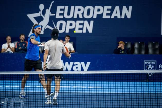Greek Stefanos Tsitsipas and Greek Petros Tsitsipas pictured in action during a second round doubles match at the European Open Tennis ATP, Tennis Herren tournament, in Antwerp, Wednesday 18 October 2023. JASPERxJACOBS  x77974435x