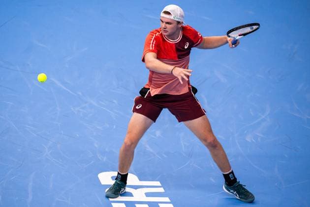 Swiss Dominic Stricker pictured in action during a first round match at the European Open Tennis ATP, Tennis Herren tournament, in Antwerp, Wednesday 18 October 2023. LAURIExDIEFFEMBACQ  x77980253x