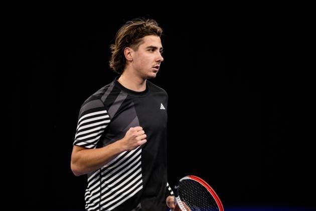 Kazach Alexander Shevchenko pictured in action during a second round match at the European Open Tennis ATP, Tennis Herren tournament, in Antwerp, Wednesday 18 October 2023. JASPERxJACOBS  x77984870x