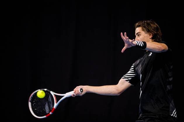 Kazach Alexander Shevchenko pictured in action during a second round match at the European Open Tennis ATP, Tennis Herren tournament, in Antwerp, Wednesday 18 October 2023. JASPERxJACOBS  x77984871x