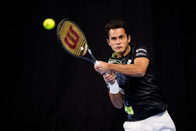 Peruvian Juan Pablo Varillas pictured in action during a second round match at the European Open Tennis ATP, Tennis Herren tournament, in Antwerp, Wednesday 18 October 2023. JASPERxJACOBS  x77984881x