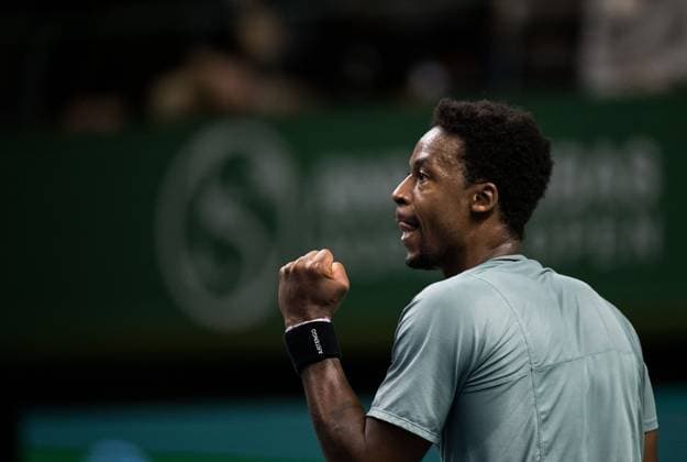 231018 Gael Monfils of France celebrates during day 5 of the Nordic Open tennis tournament on October 18, 2023 in Stockholm. Photo: Emma Wallskog BILDBYRAN COP 320 EW0271 tennis nordic open dag 5 bbeng jubel Copyright: EMMAxWALLSKOG BB231018EW048