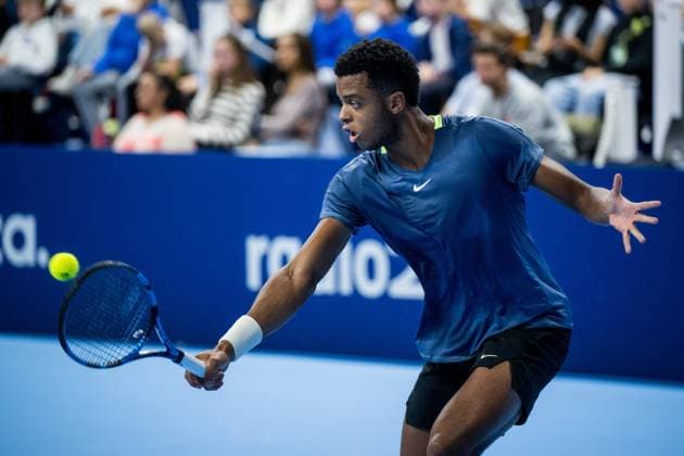 French Giovanni Mpetshi Perricard pictured in action during a second round match between French Mpetshi Perricard and Belgian Goffin at the European Open Tennis ATP, Tennis Herren tournament, in Antwerp, Wednesday 18 October 2023. JASPERxJACOBS  x77993499x