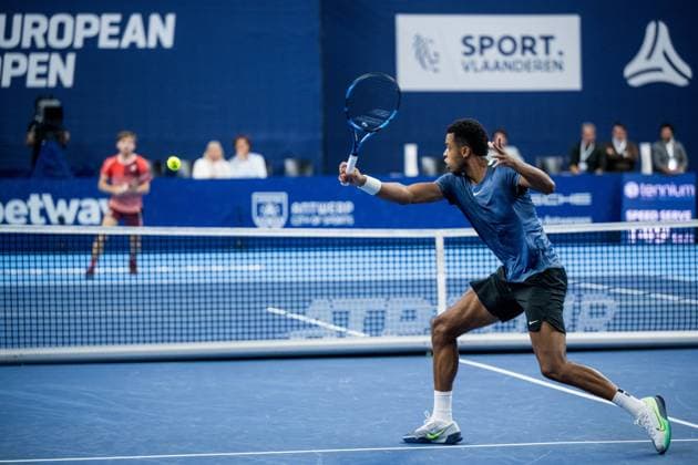 French Giovanni Mpetshi Perricard pictured in action during a second round match between French Mpetshi Perricard and Belgian Goffin at the European Open Tennis ATP, Tennis Herren tournament, in Antwerp, Wednesday 18 October 2023. JASPERxJACOBS  x77993528x