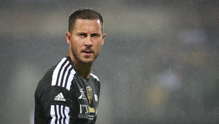 Belgium s Eden Hazard pictured during a gala soccer game between Variety Club France with various personnalities and a team of Calais, for Les Pieces Jaunes association, Wednesday 18 October 2023, in Calais, France. Belgian Hazard announced last week his retirement. VIRGINIExLEFOUR  x77994328x