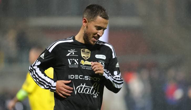 Belgium s Eden Hazard pictured during a gala soccer game between Variety Club France with various personnalities and a team of Calais, for Les Pieces Jaunes association, Wednesday 18 October 2023, in Calais, France. Belgian Hazard announced last week his retirement. VIRGINIExLEFOUR  x77994329x