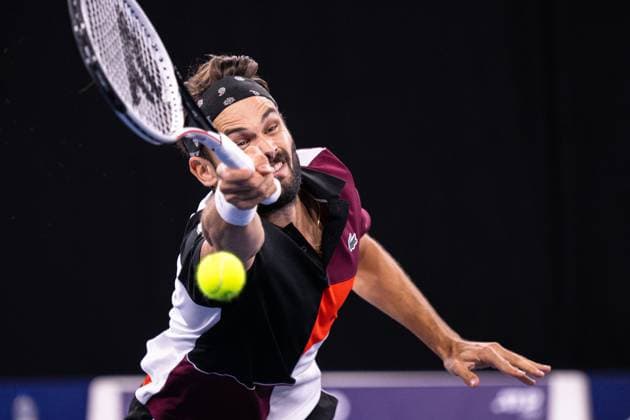 Monaco s Hugo Nys pictured in action during a second round doubles match at the European Open Tennis ATP, Tennis Herren tournament, in Antwerp, Wednesday 18 October 2023. LAURIExDIEFFEMBACQ  x77994865x