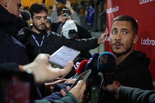 Former International player Eden Hazard talks to the press before a gala soccer game between Variety Club France with various personnalities and a team of Calais, for Les Pieces Jaunes association, Wednesday 18 October 2023, in Calais, France. Belgian Hazard announced last week his retirement. VIRGINIExLEFOUR  x77994880x